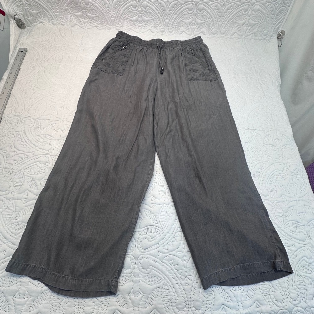 Picadilly Canada Gray Wide Leg Pants Embroidered Pockets Size 16 Elastic Waist
